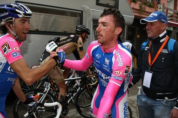 Francesco Gavazzi (Lampre) is congratulated by his teammate
