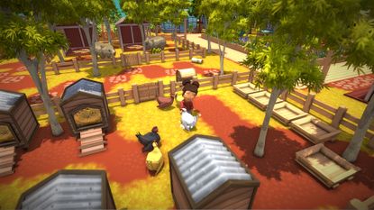 Dinkum screenshot showing a cartoonish person with two buns and a red button-up blouse feeding multi-colored chickens in their pen, trees and grasslands-y area surrounding