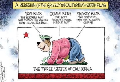 Political cartoon U.S. California separation Yogi Gummi Smokey bear liberal fires