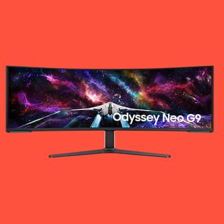 The Samsung Odyssey Neo G9 G95NC on a red background