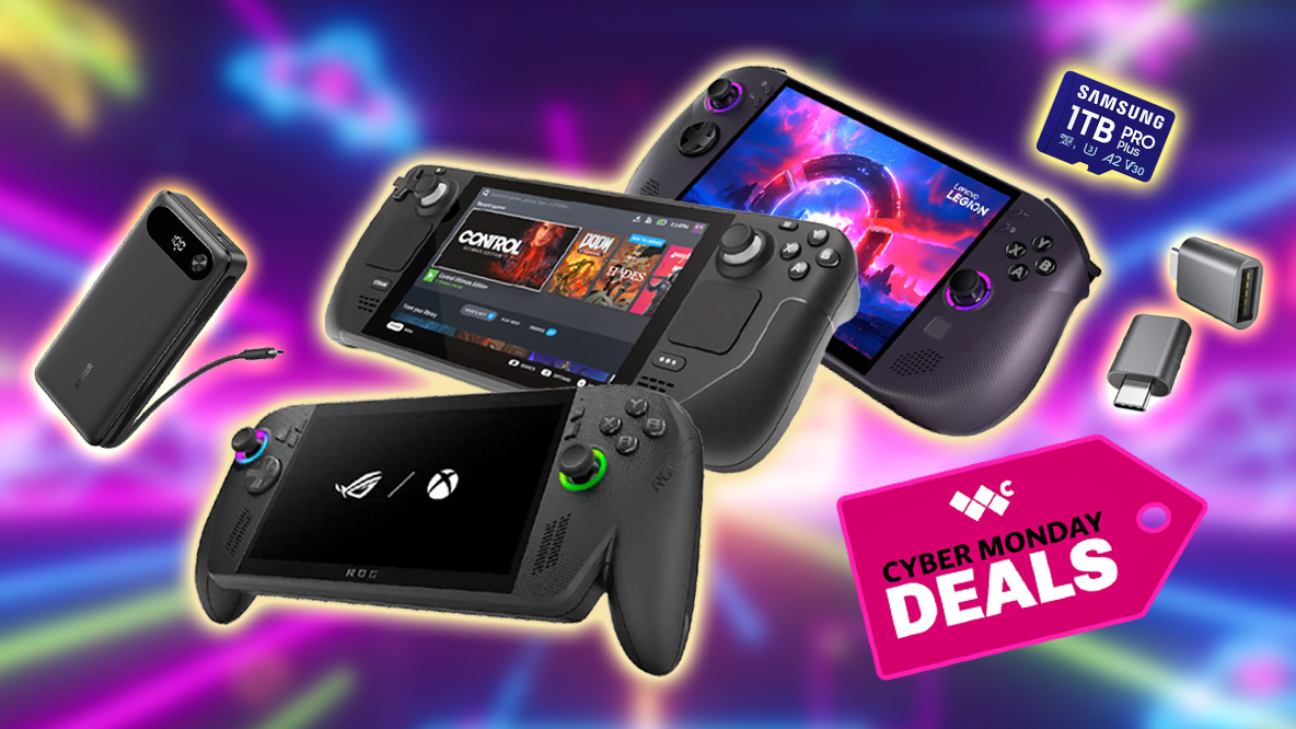 Xbox Ally X, Steam Deck, and Legion Go S handhelds floating with a power bank, microSD card, and USB-C to USB-A adapters floating around them. 