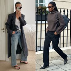 fashion collage featuring two fall 2025 outfit ideas with trending shoes styles including Johanna Piispa in black flip-flop kitten heels and Marilyn Nwawulor-Kazemaks wearing black pointed-toe kitten heel boots