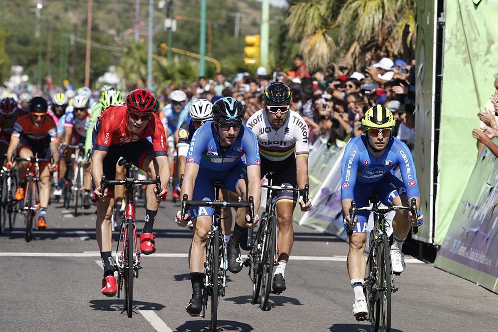 Italian team-mates Jakub Mareczko and Elia Viviani sprint to the stage 7 line in a photo-finish decider