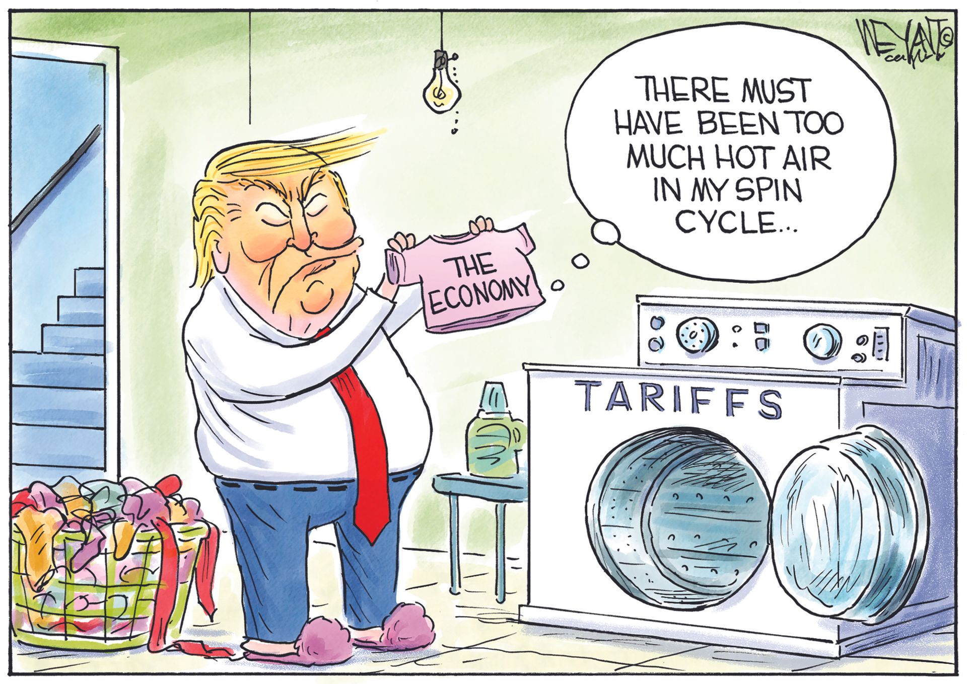
                                This political cartoon depicts Donald Trump standing in front of an oversized washing machine labeled &quot;TARIFFS&quot; with its door open. He holds up a tiny T-shirt with &quot;THE ECONOMY&quot; written on it and looks perplexed. A thought bubble above his head says, &quot;THERE MUST HAVE BEEN TOO MUCH HOT AIR IN MY SPIN CYCLE...
                            