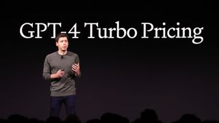 OpenAI CEO Sam Altman on stage giving a presentation about ChatGPT 4 Turbo