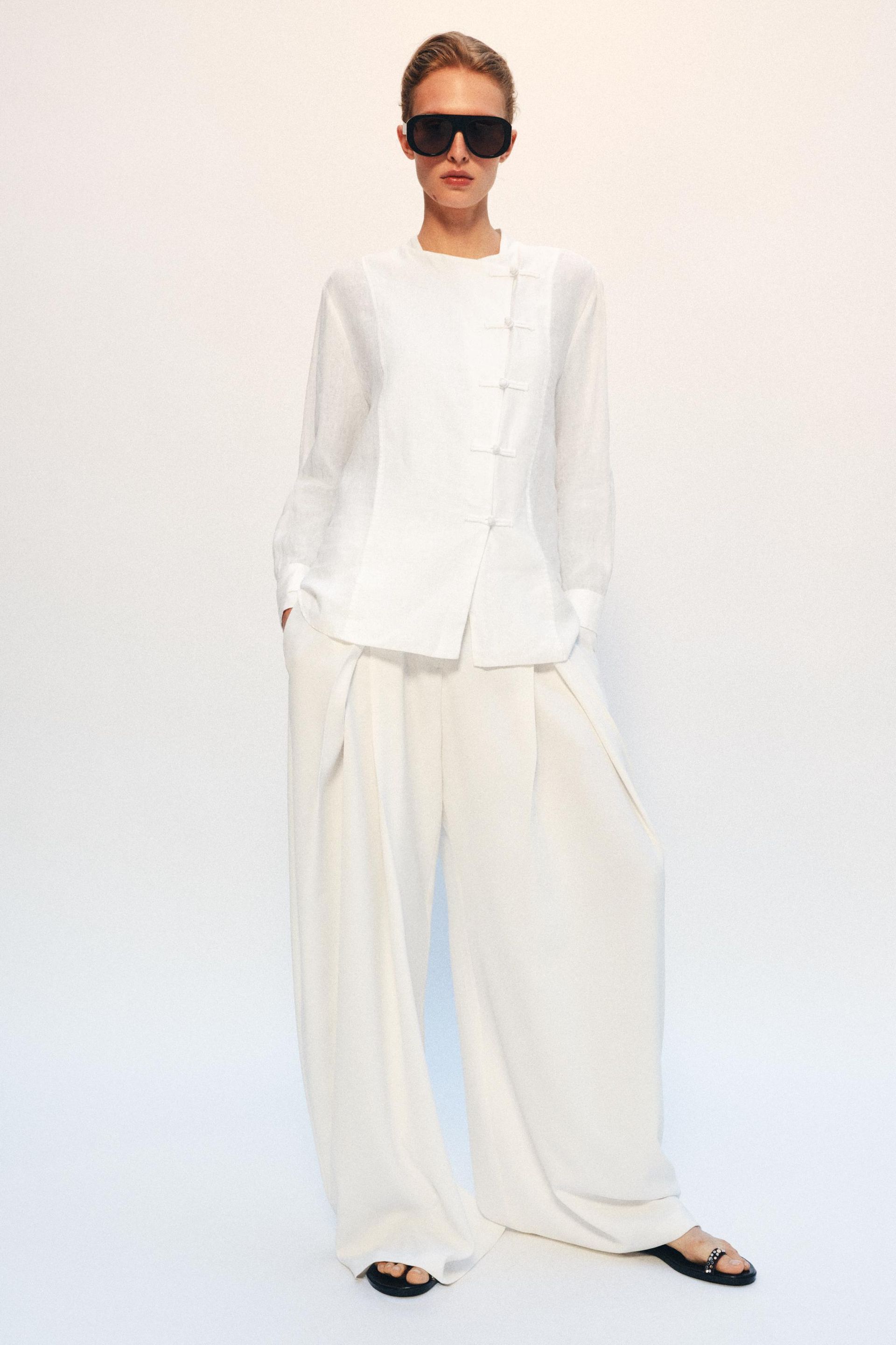 Zw Collection 100% Linen Shirt With Frog Fastening