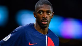 PARIS, FRANCE - NOVEMBER 03: Ousmane Dembele of Kylian Mbappe team-mate PSG looks on during the Ligue 1 Uber Eats match between Paris Saint-Germain and Montpellier HSC at Parc des Princes on November 03, 2023 in Paris, France. (Photo by Franco Arland/Getty Images)