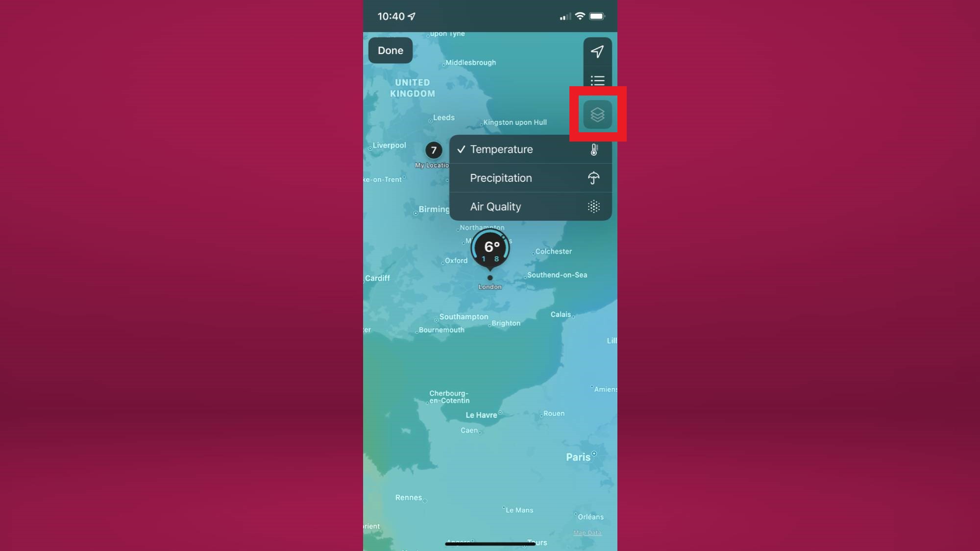 How to access the interactive map on the iPhone Weather app - click the squares stacked icon