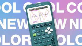 An updated version of the Texas Instruments TI-84 Graphing Calculator, in blue, on a pink and blue background