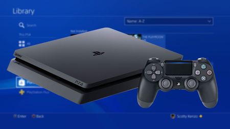 A photo illustration of a PS4 Slim in front of the new Library.