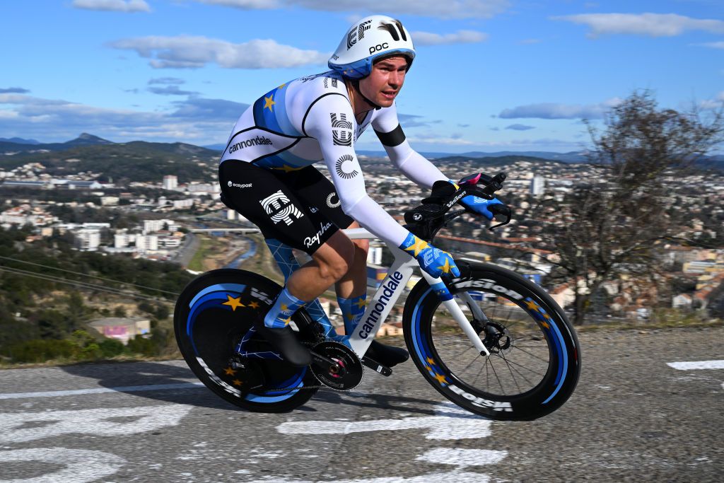 ALES FRANCE FEBRUARY 05 Stefan Bisseger of Switzerland and Team EF Education Easypost sprints during the 53rd Etoile de Besseges Tour Du Gard 2023 Stage 5 a 1066km individual time trial stage from Ales to Ales EDB2021 on February 05 2023 in Ales France Photo by Luc ClaessenGetty Images