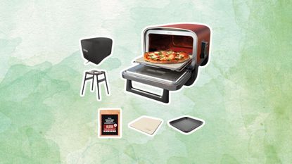 Ninja pizza oven and accessories on a green background