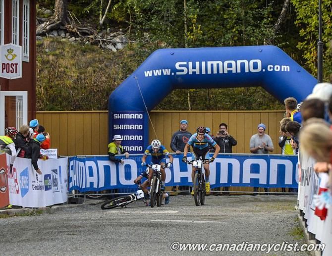 Fabrice Mels (Belgium) accelerates after Emil Lindgren and Kevin Miquel collided on the final corner