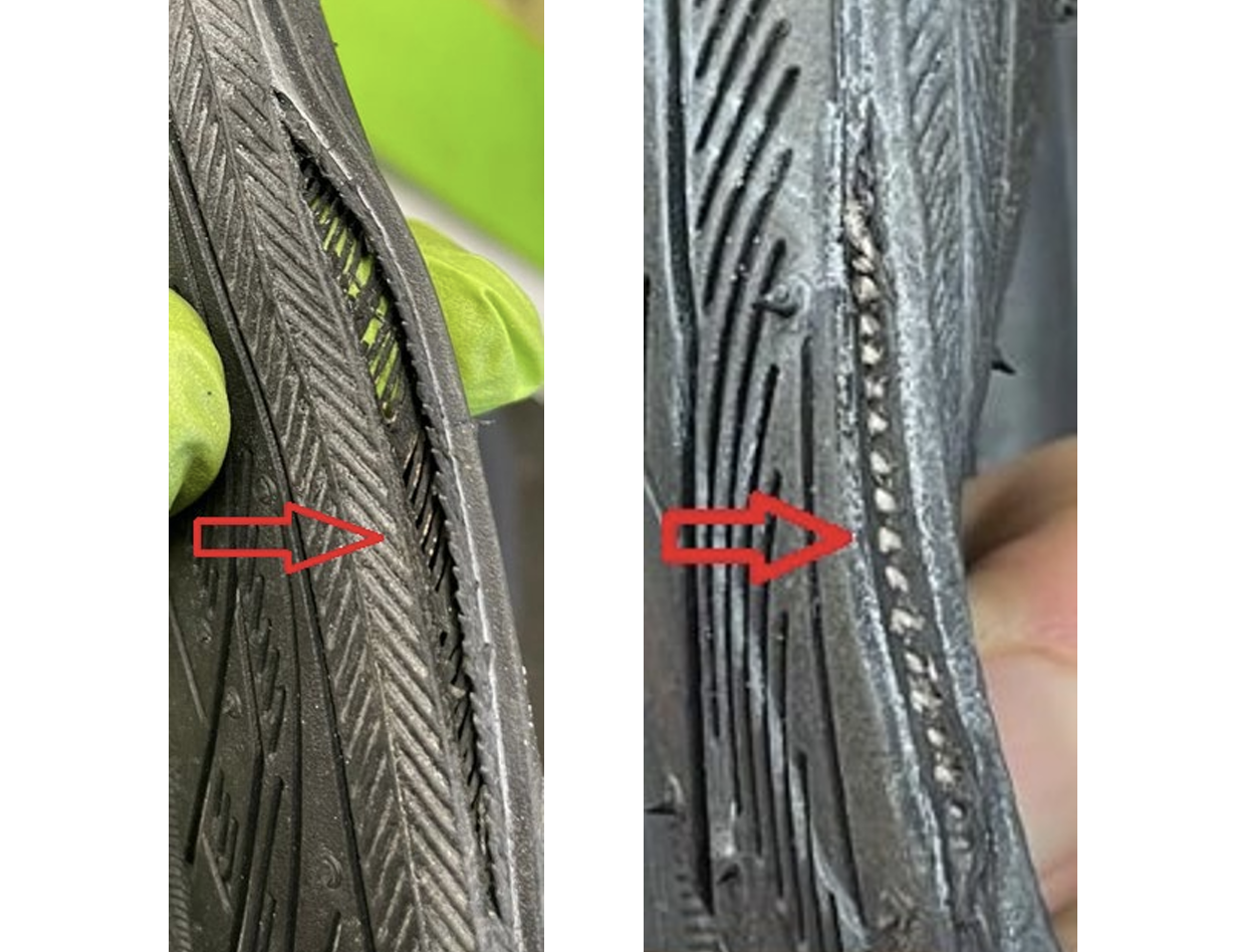 Two bicycle tyres with the seam bursting open