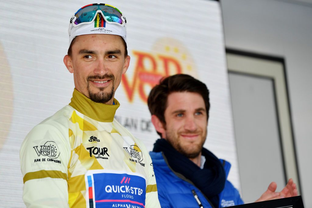 MANOSQUE FRANCE FEBRUARY 12 Julian Alaphilippe of France and Team QuickStep Alpha Vinyl celebrates winning the Brown Points Jersey on the podium ceremony after the 6th Tour de La Provence 2022 Stage 2 a 1806km stage from Arles to Manosque 417m TDLP22 on February 12 2022 in Manosque France Photo by Luc ClaessenGetty Images