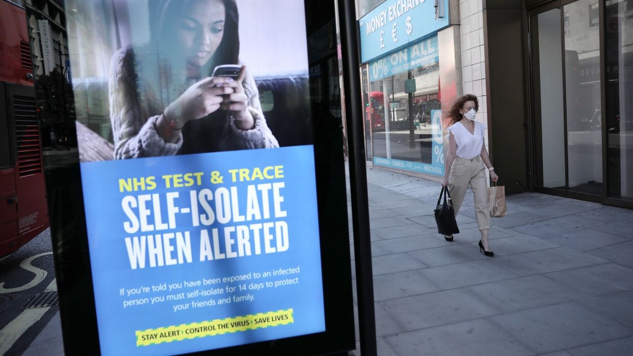 A sign warning people to self-isolate if contacted by NHS Test and Trace