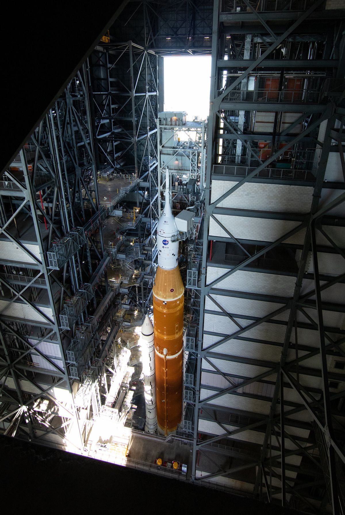 The Artemis 1 stack inside the VAB shortly before their historic rollout on March 17, 2022.