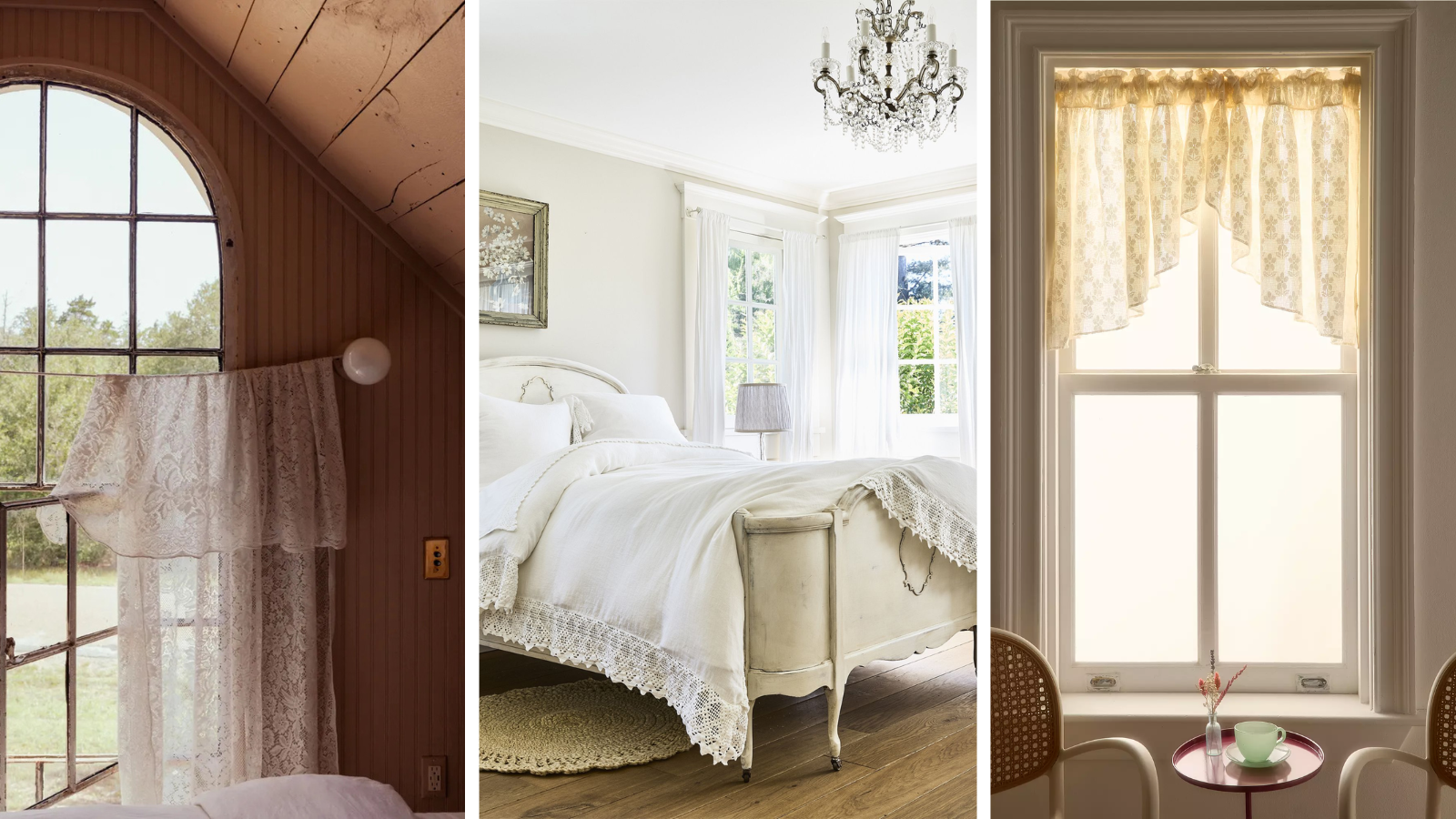 three images of lace decor in interiors