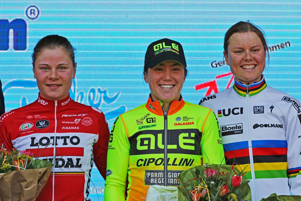 Race winner Chloe Hosking, runner-up Lotte Kopecky and third-placed Amalie Dideriksen atop the Drentse Acht van Westerveld podium