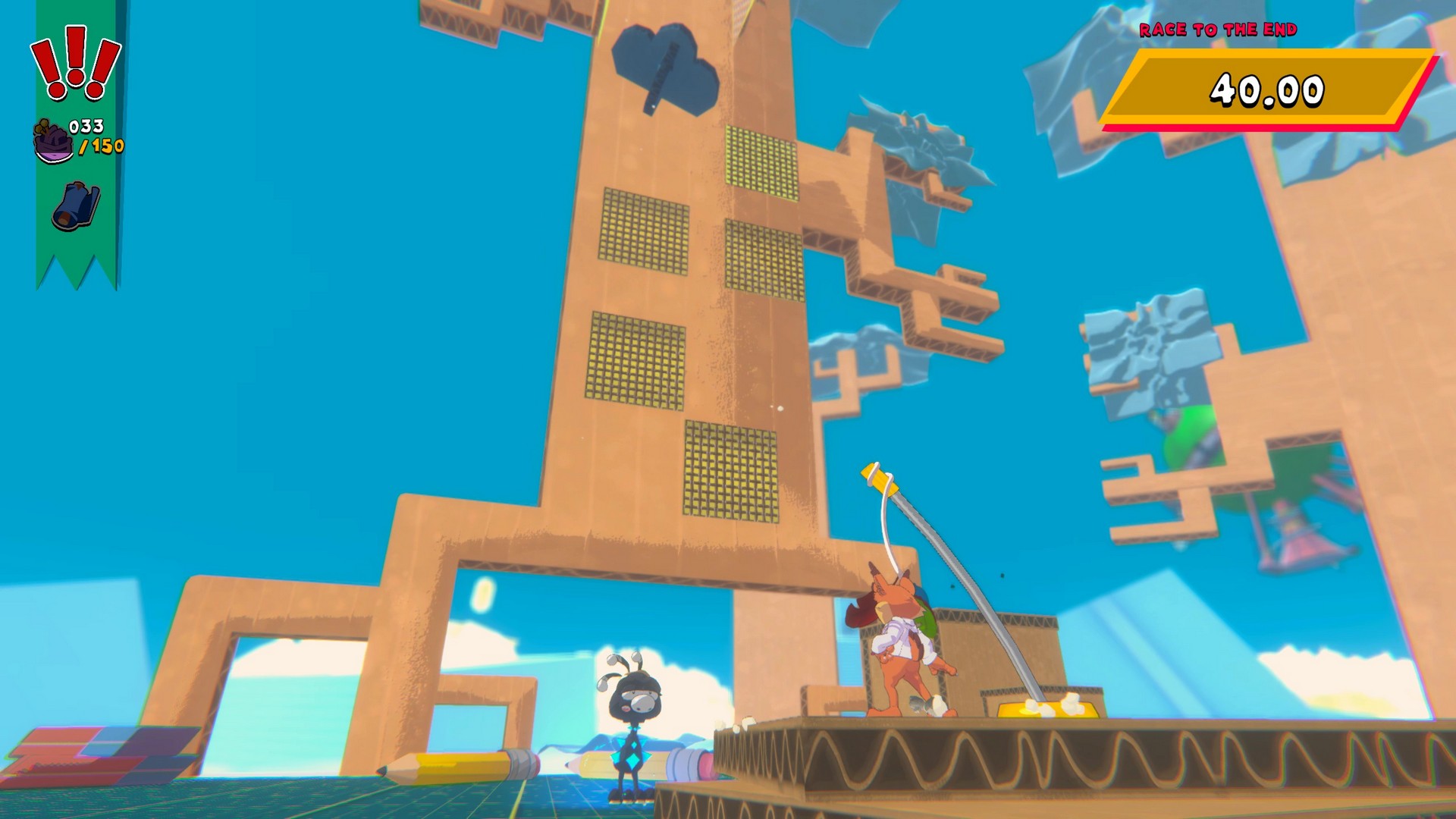 Bubsy looks up at a wooden climbing tower in Bubsy 4D