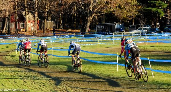 The leaders zig zag around the infield with two laps to go