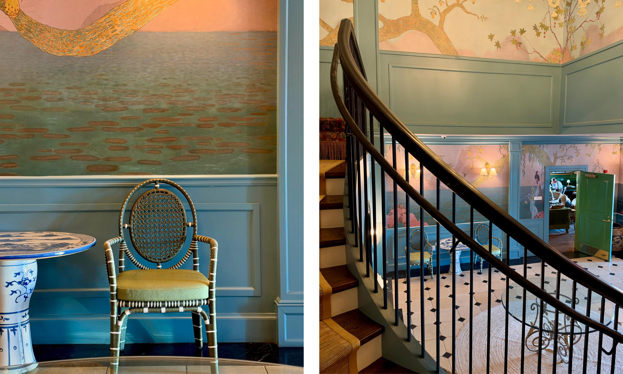 curved stairs with wallpaper