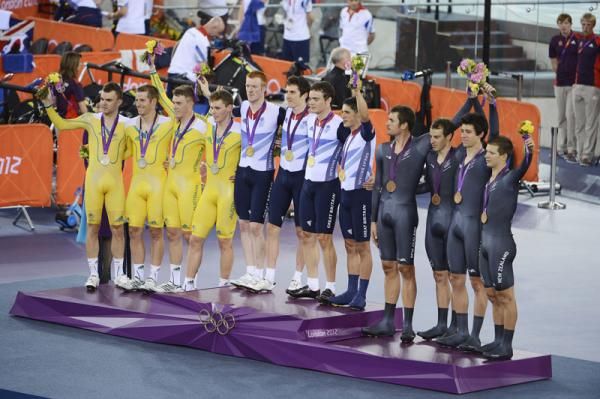 The podium for the men's team pursuit