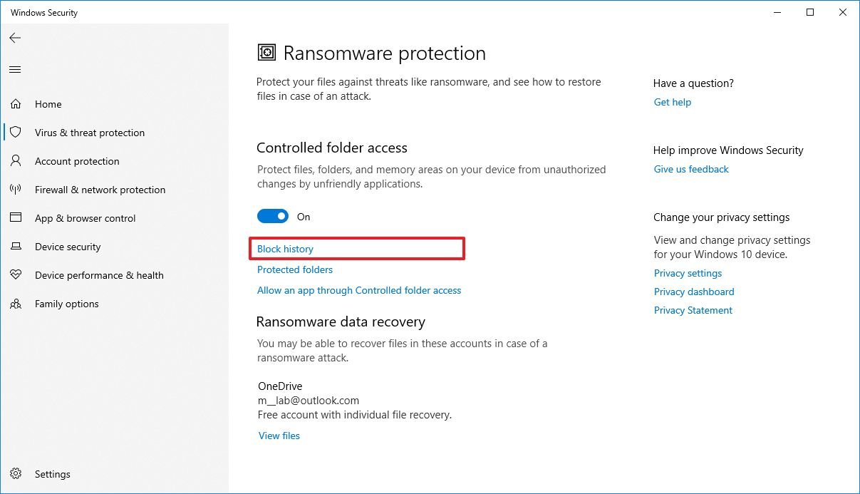 Controlled folder access block history option