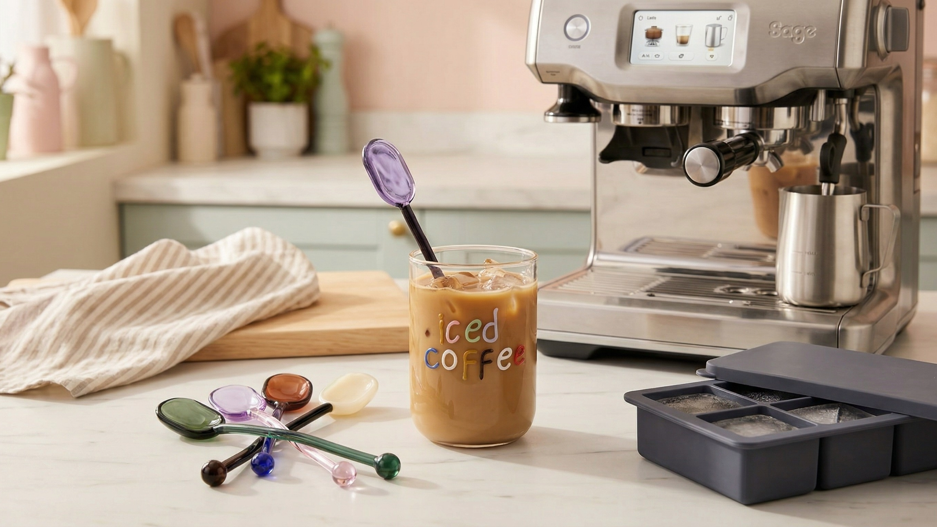 Created with Gemini image of an iced coffee station with a Sage coffee machine and a glass with an iced coffee, an ice cube tray and glass stirrers