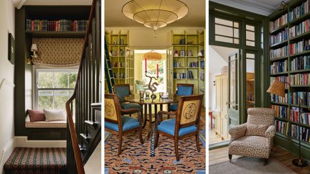 Landing with window seat painted dark green, a citron green home library with bookshelves, and a home library with dark green built-in bookshelves and an armchair.