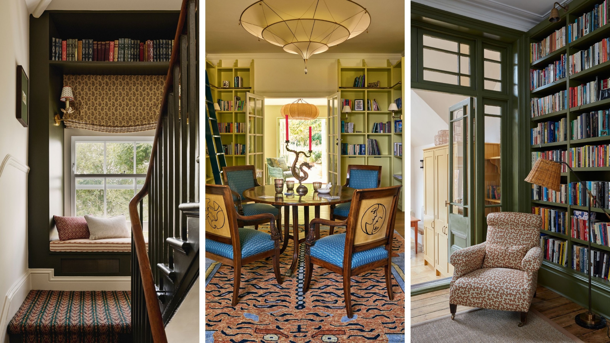 Landing with window seat painted dark green, a citron green home library with bookshelves, and a home library with dark green built-in bookshelves and an armchair.