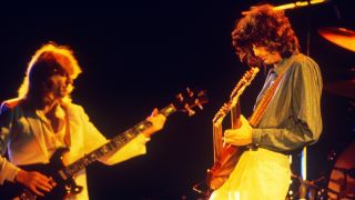 Led Zeppelin play Stairway to Heaven at Knebworth on August 11, 1979 in Knebworth, United Kingdom.