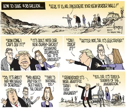 Political Cartoon U.S. President Trump build border wall Mexico save billions