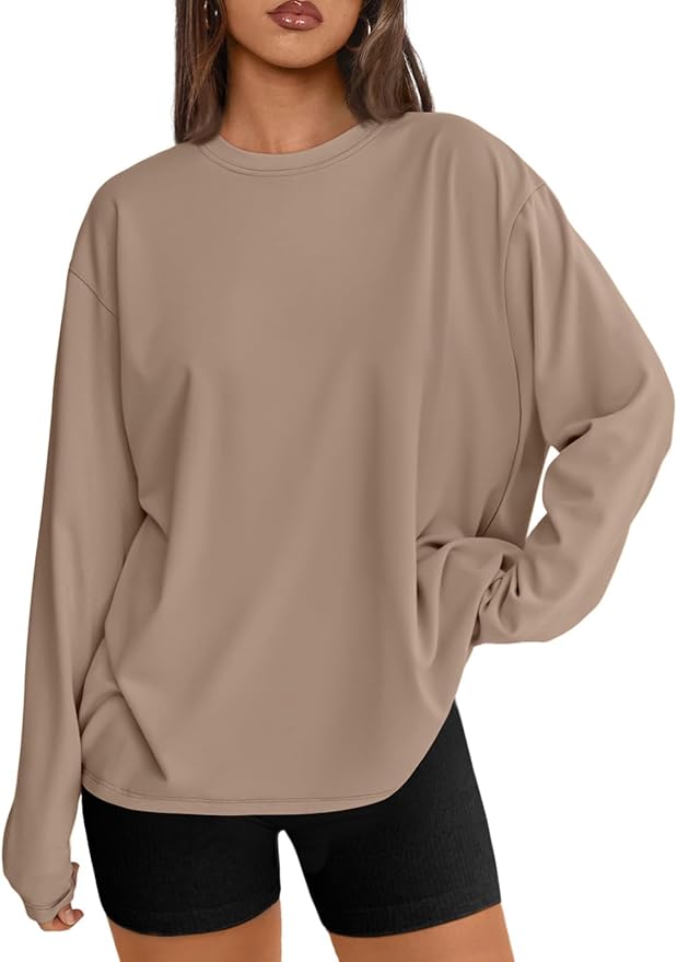Trendy Queen, Trendy Queen Womens Oversized Long Sleeve T Shirts 2025 Basic Crewneck Tee Fall Tops Casual Workout Y2k Clothes Khaki M