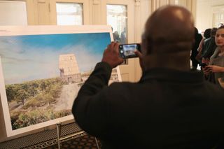 CHICAGO, IL - MAY 03:A rendering of the proposed Obama Presidential Center, which is scheduled to be built in nearby Jackson Park, is displayed at the South Shore Cultural Center during a rou