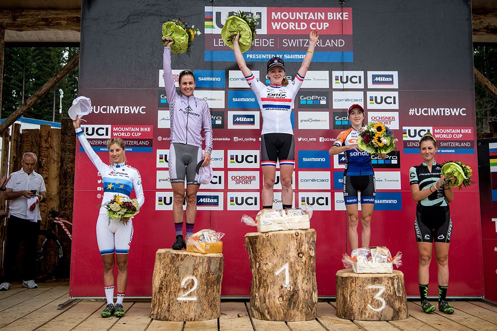 Women's podium: Jolanda Neff, Gunn-Rita Dahle, Annie Last, Yana Belomoina, Helen Grobert