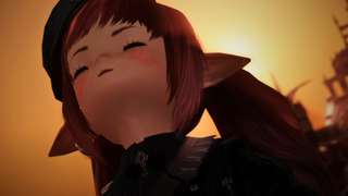 Pint, a lalafellin mage, looks towards the sunset sky and closes his eyes in gracious defeat in Final Fantasy 14.