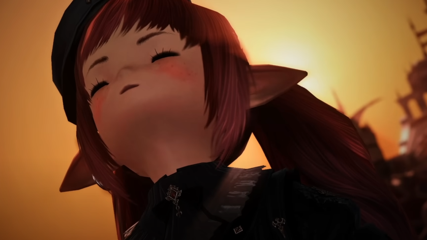 Pint, a lalafellin mage, looks towards the sunset sky and closes his eyes in gracious defeat in Final Fantasy 14.