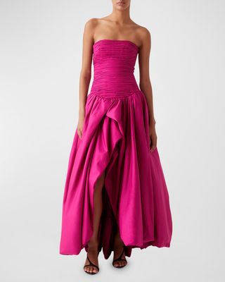 aje Violette Strapless Bubble-Hem Maxi Dress