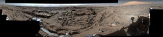 This 360-degree panorama from the Mastcam on NASA's Curiosity Mars rover shows the rugged surface of "Naukluft Plateau" plus upper Mount Sharp at right and part of the rim of Gale Crater.