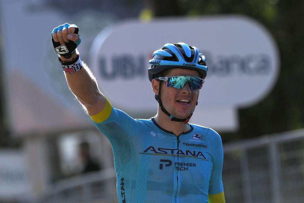 COMO ITALY AUGUST 15 Arrival Jakob Fuglsang of Denmark and Astana Pro Team Celebration during the 114th Il Lombardia 2020 a 231km race from Bergamo to Como ilombardia IlLombardia on August 15 2020 in Como Italy Photo by Tim de WaeleGetty Images