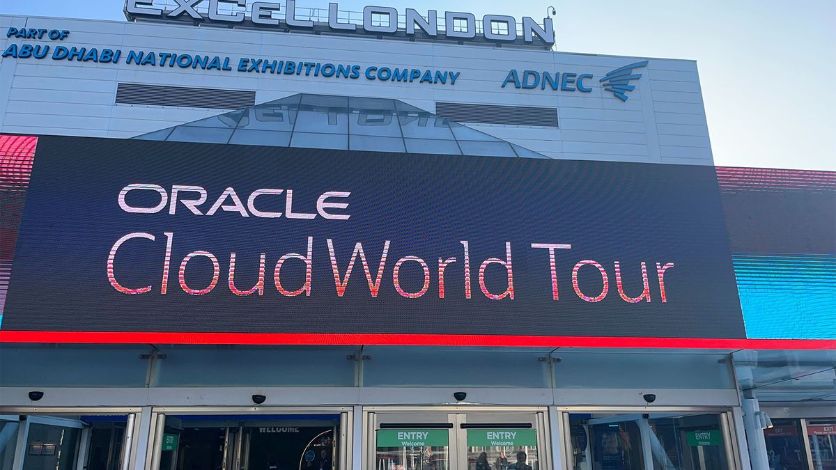 Oracle CloudWorld Tour sign pictured at the company event in London, UK.