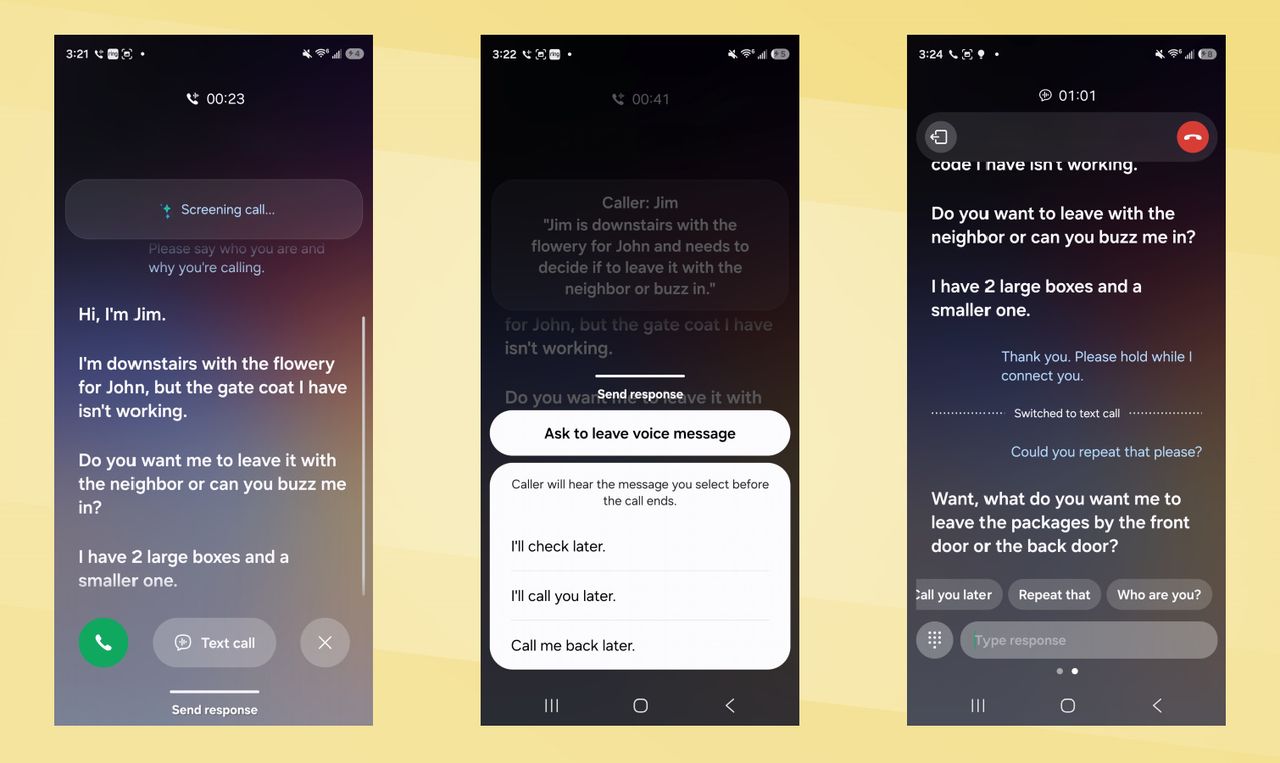 Galaxy S26 vs iPhone 17 Call Screen screenshots.