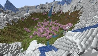 Minecraft seeds - a frozen cherry blossom forest nestled in a ice spiked valley