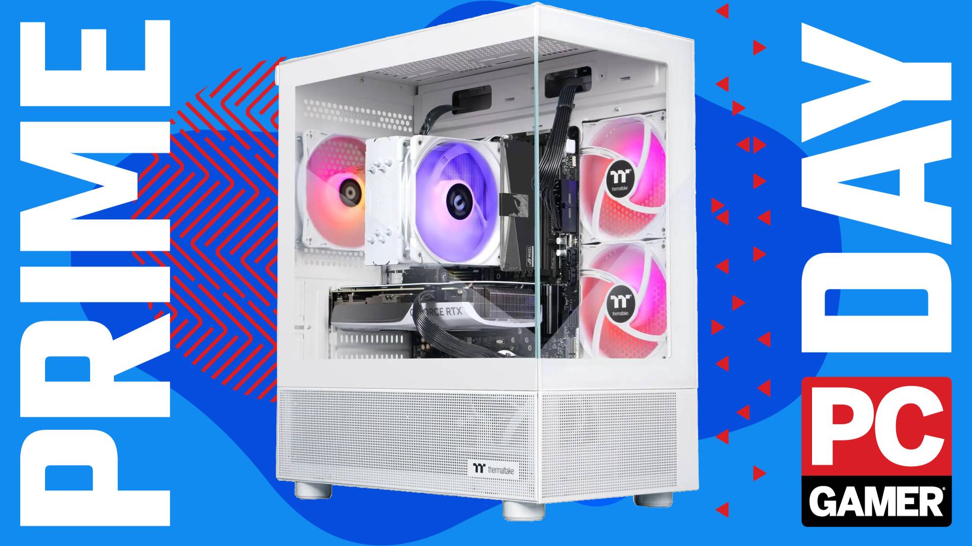 The Thermaltake LCGS NE i1470-V170S Gaming Desktop floats in the funky PC G Prime Day deal void.