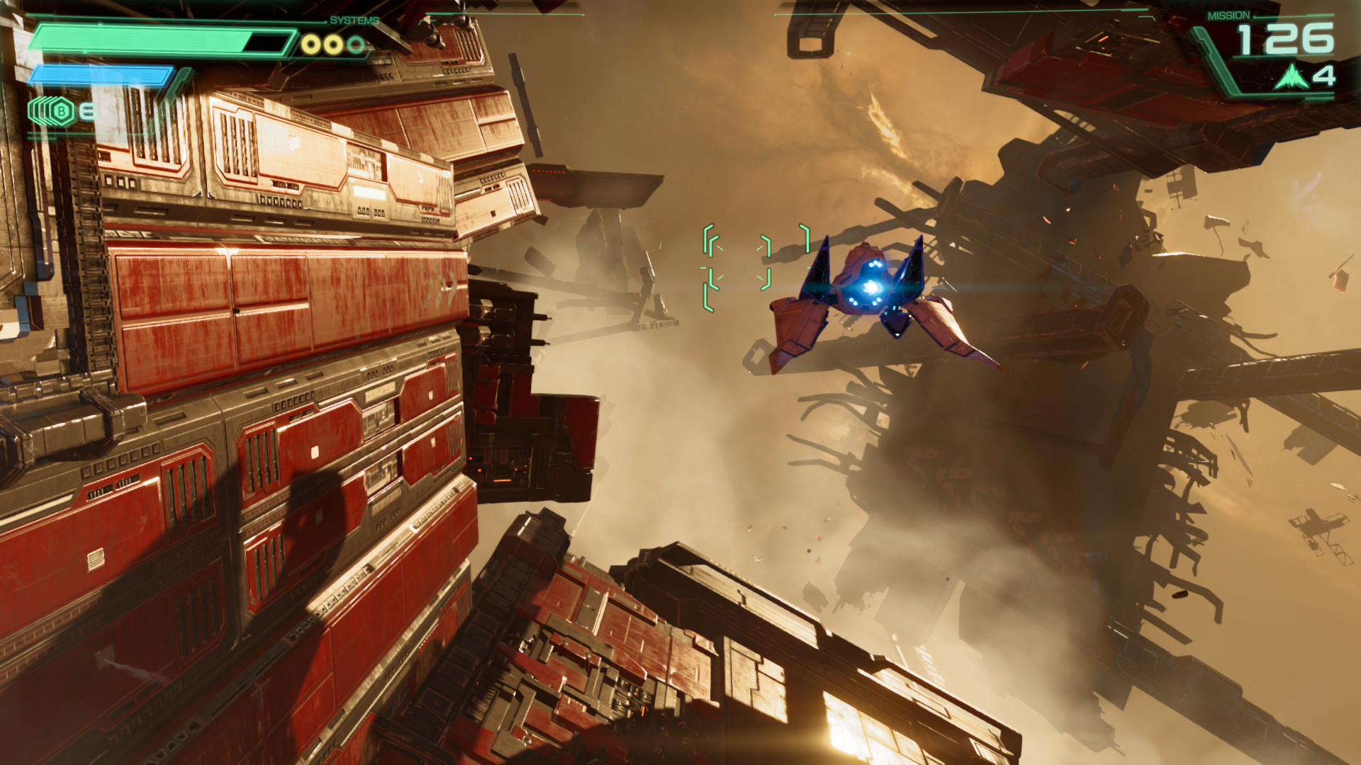 Fox McCloud flying by space wreckage in Star Fox on the Nintendo Switch 2