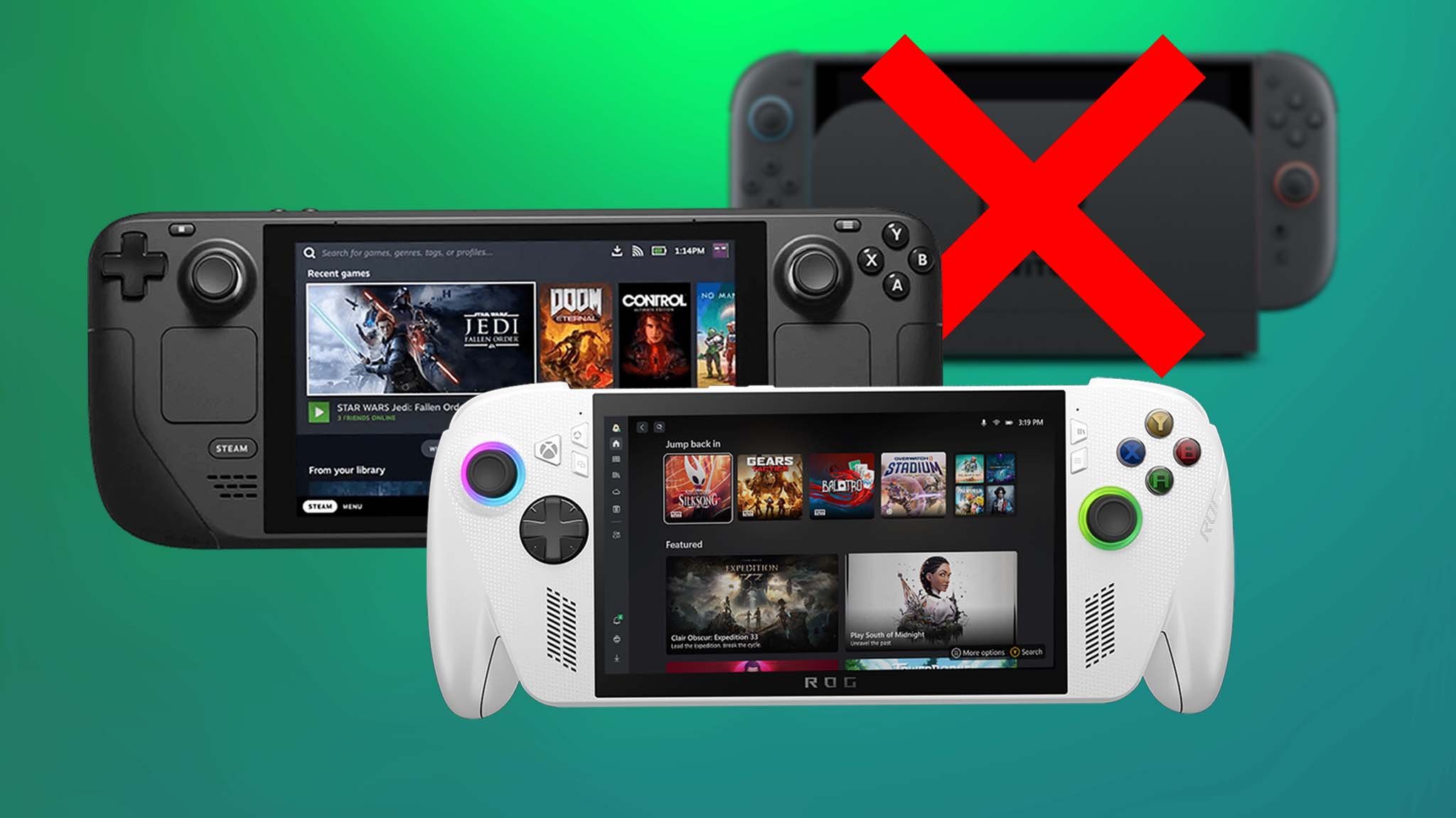 Xbox Ally and Steam Deck in the front with a blurred out and crossed out Switch 2 in the back. 