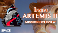 A giant rocket launching to the moon with title Inside Artemis 2 on top.