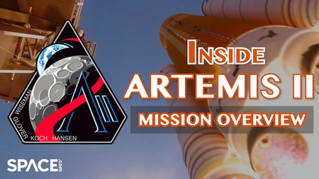 A giant rocket launching to the moon with title Inside Artemis 2 on top.