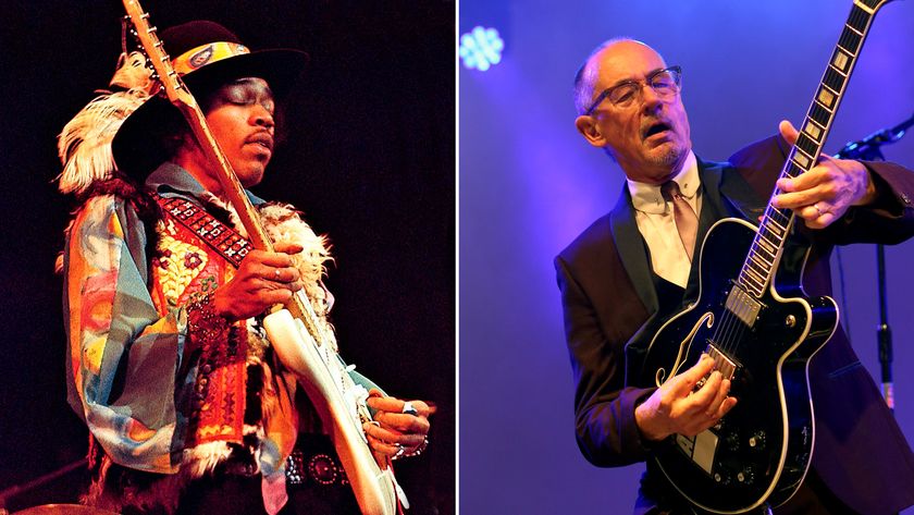 LEFT: Jimi Hendrix performs live on stage playing a white Fender Stratocaster guitar with The Jimi Hendrix Experience at the Royal Albert Hall in London on 18th February 1969. RIGHT: Andy Fairweather Low and the Low Riders perform on Day 1 of Wickham Festival on August 6, 2015 in Wickham, England.